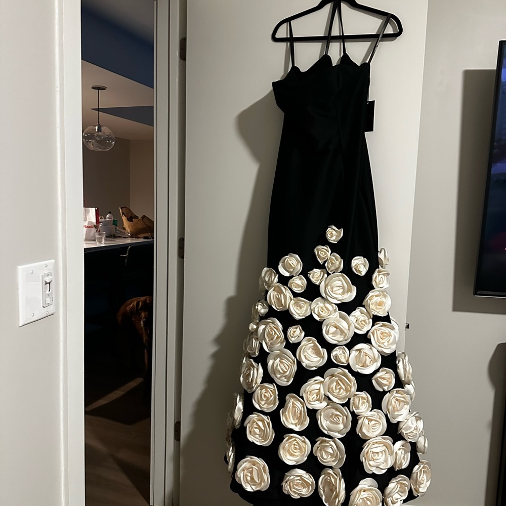 Terani Couture Black Dress with Cream Floral Details